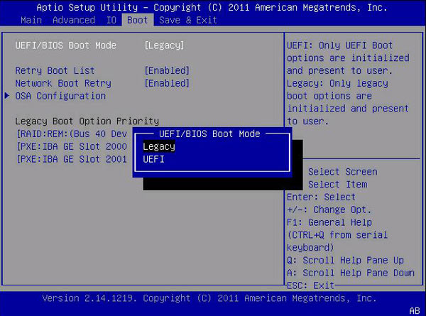 "UEFI Boot Type selection menu"